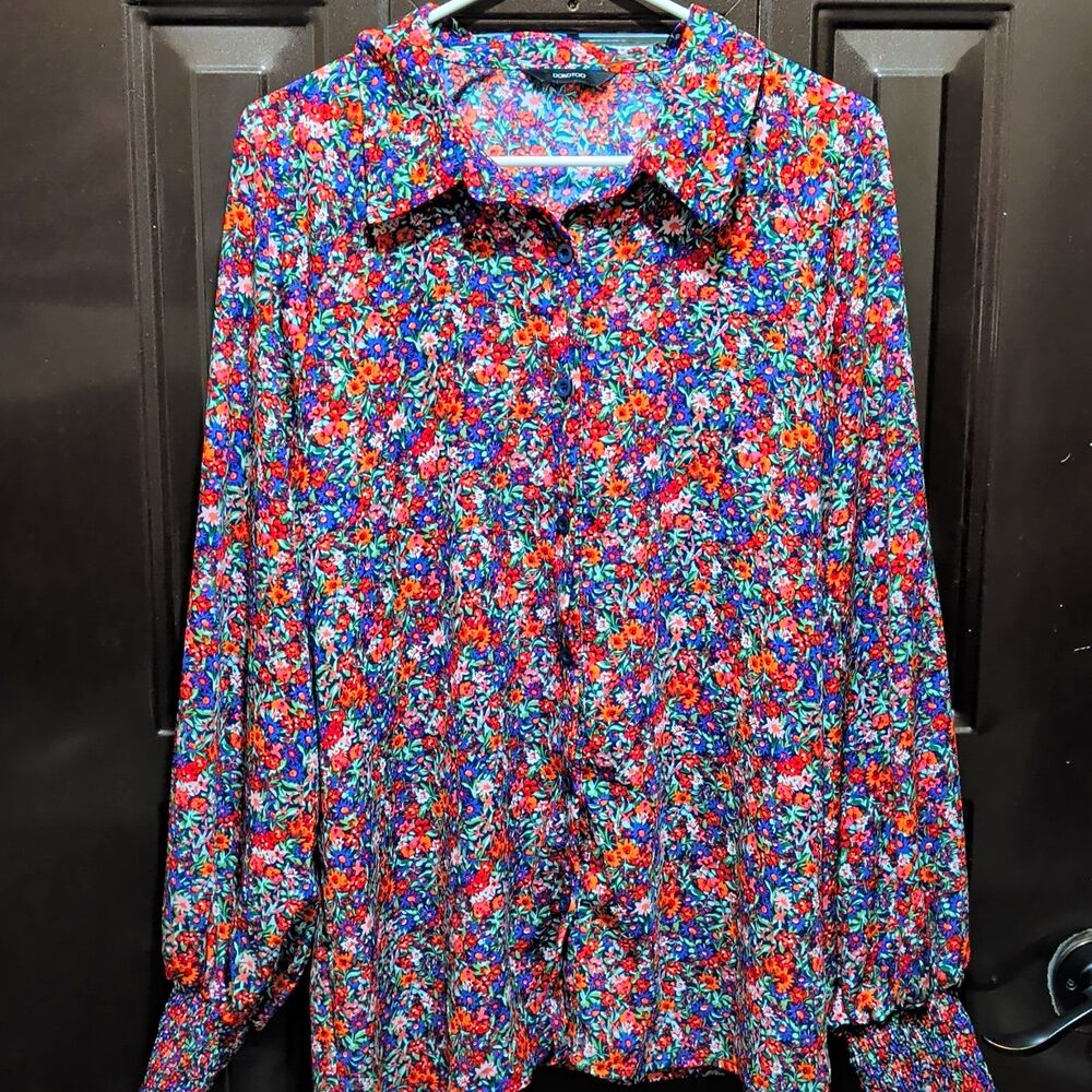 Dokotoo Women's Floral Chiffon Button Front Collared Blouse XL Smocked Blue